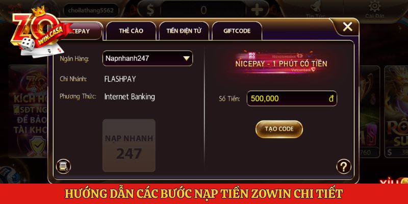 Hướng dẫn các bước nạp tiền Zowin chi tiết